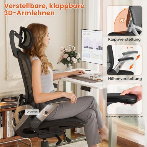 GABRYLLY Bürostuhl Ergonomisch, Ergonomischer Bürostühle mit Verstellbare Kopfstütze, Neigungsfunktion, Armlehnen… – Ansicht 5