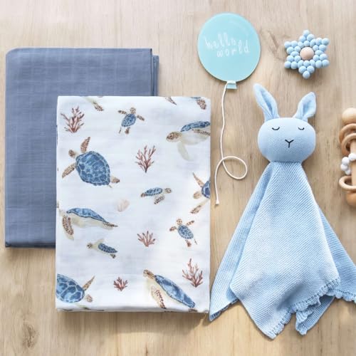 Image of LifeTree Muslin Swaddle Blankets, Baby Swaddling Wrap Nursery Receiving Blanket for Boys & Girls, Soft 70% Viscose from Bamboo and 30% Cotton, Large 47 x 47 inches, Sea Turtle & Solid Colors