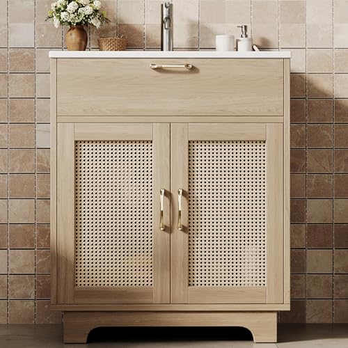 Merax Badezimmerschrank mit Waschbecken, feuchtigkeitsbeständig, Schubladenlift, doppelte Soft-Close Türen, Rattan-Highlights für Moderne Bäder, Waschtisch, freistehend, Natur/76x46x88cm