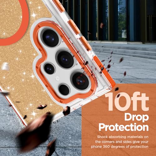 Image of Magnetic Case for Samsung Galaxy S23 Ultra [Compatible with Magsafe] [Bling Glitter Fluorescent Design] [1 Screen Protector] Slim Translucent Matte Case for Galaxy S23 Ultra 6.8 inch, Orange