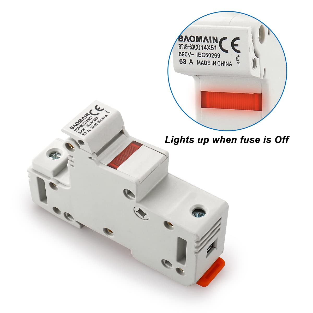 Baomain RT18-63 Fuse Holder Base with 5x40A Ceramic Fuses (14x51mm) – 1 Pole DIN Rail Mount, LED Indicator, CE Certified (40 Amp)