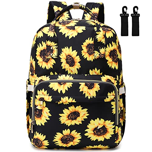 Kouxunt Sunflower Diaper Bag Backpack for Baby Girls Boys, Waterproof Maternity Nappy Backpacks with Stroller Straps Luggage Strap for Moms