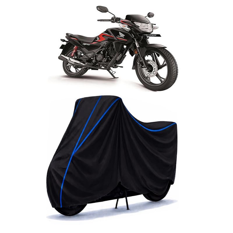 Image of Sp 150 BS6 Bike Cover Water Resistant Universal Motorcycle Rain | Heavy Duty UV Protection, Dust, Scratch Indoor Outdoor All Weather with Black Blue Piping Elastic