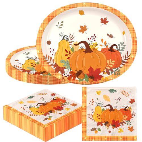 Fall Pumpkin Paper Plates and Napkins Serve 50 Gingham Oval Thanksgiving Plates 10 x 12 with 6.5 Napkins Orange Autumn Tableware Fall Party Decorations for Harvest Baby Shower Birthday Wedding
