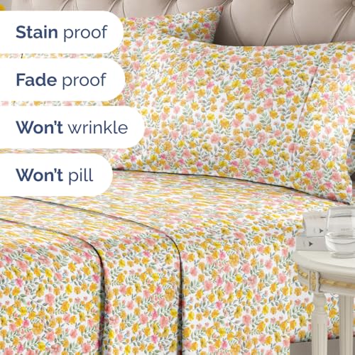 Image of Queen 4 Piece Floral Sheet Set - Breathable & Cooling - Sun Kissed Bloom