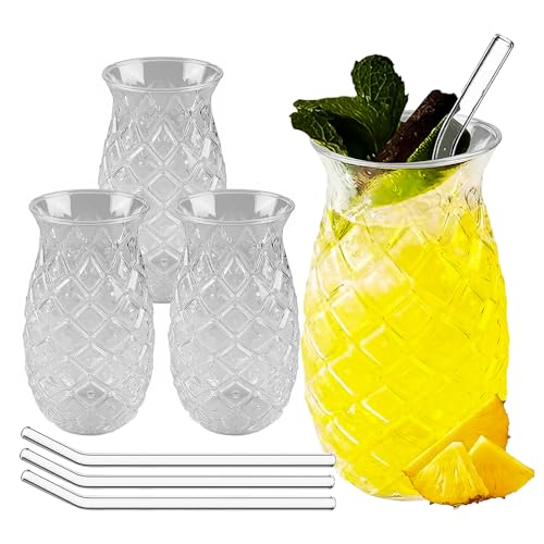 4 Stück Ananasgläser Klares, Ananas Gläser Cocktailglas, Ananasgläser für Cocktails, Mit Strohhalm, Hochtemperaturbeständig, 480ml Fassungsvermögen, für Familiencamping, Kneipen, Restaurants, Partys