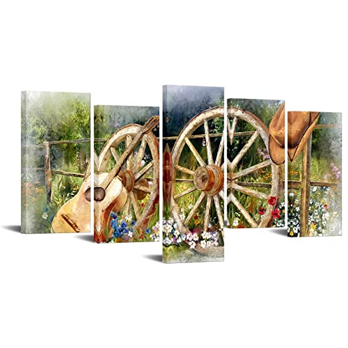 Levvarts Rustic Western Wall Art Decor Vintage Wheel Painting Canvas Cowboy Guitar Picture Poster Farm Country Scenic Theme Art Prints Easy To Hang #TOP23