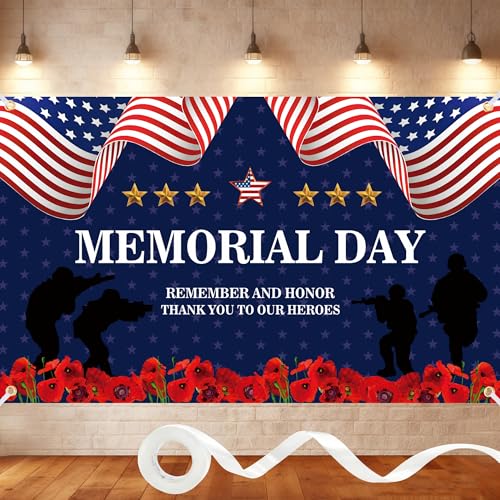 Memorial Day Banner 6x4FT Patriotic Backdrop with Ribbon Polyester Memorial Day Decorations Banner with 4 Brass Grommets for Remember and Honor Party Photography Indoor Outdoor Decor