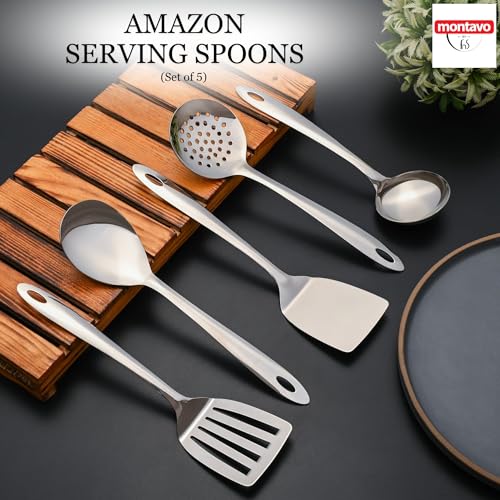 Image of Montavo by FnS 5 Pieces Stainless Steel Serving Tools Set | Slotted Turner, Soup Ladle, Skimmer Turner, Serving Spoon & Solid Turner | Kitchen Cooking Utensils for Home & Dining