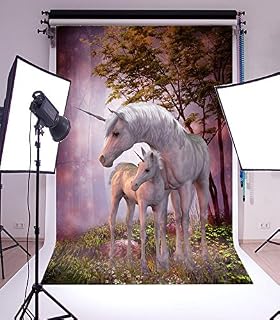Laeacco 3x5ft Vinyl Photography Background Unicorn Mare and Foal Background Dreamy Fairytale Forest
