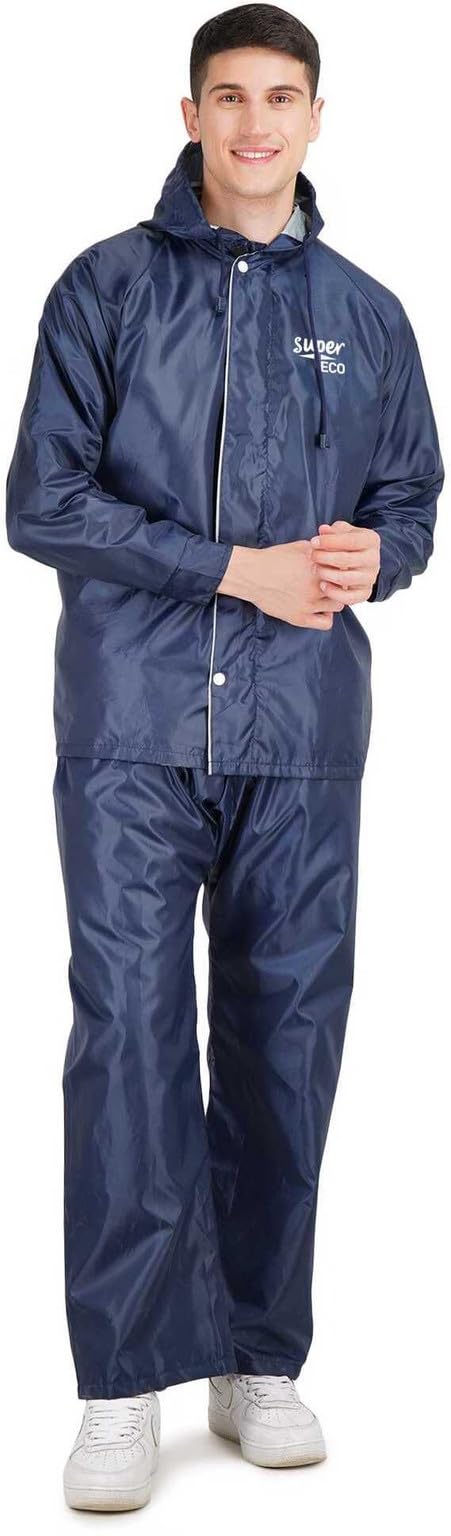 Rain Coat for Men with Adjustable Hood, PVC Plastic Waterproof Full Sleeves Raincoat, Top and Bottom Set Rainwear, Front Button or Zip with Flap, Lightweight Raincoat (Blue)-image-40