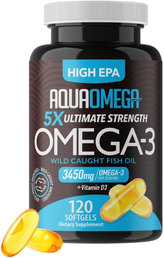 5X Ultimate Strength Omega 3 Fish Oil Supplements with High EPA and DHA Omega 3 Fatty Acids, Fish Oil Supplement with Vitamin D and No Fishy Aftertaste, 120 Softgels