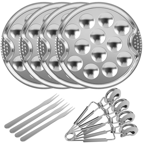 AUROAY 12 Pièces Service à Escargots Acier Inoxydable, 4 Plats à Escargots 12 Trous Ø19cm, avec 4 Pinces à Escargots + 4 Fourchettes, Parfait pour Escargots,...