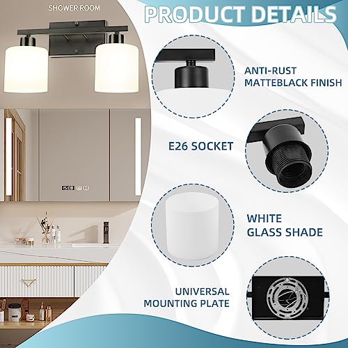 Image of CANMEIJIA 2-Light Bathroom Vanity Light Fixtures, Matte Black Vanity Wall Scones Lighting for Bedroom Living Room, Modern Vanity Lights with Milky White Glass Shades, E26 Socket, Bulbs Not Included
