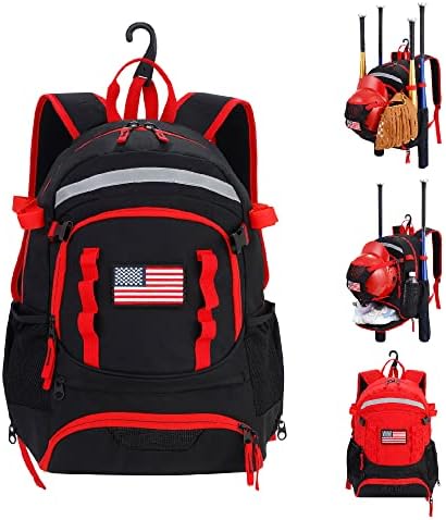 Baseball Bag Softball Bag, Baseball Backpack for Youth Boys and Adult, Bat Bag with Shoes Compartment & Fence Hook, With Hidden External Helmet Holder for Baseball, T-Ball & Softball Equipment & Gear (A-Black)