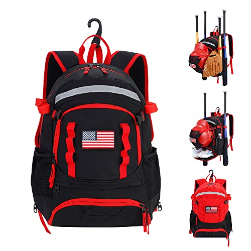 Baseball Bag Softball Bag, Baseball Backpack For Youth Boys And Adult, Bat Bag With Shoes Compartment & Fence Hook, With Hidden External Helmet Holder For Baseball, T-Ball & Softball Equipment & Gear (A-Black) #TOP22