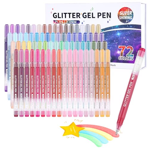 KEMYR Glitter Gel Pens 72 Colors Metallic Glitter Pens for Adults Coloring Books Sparkle Colored Gel Markers for Drawing Scraobooking Writing Doodling