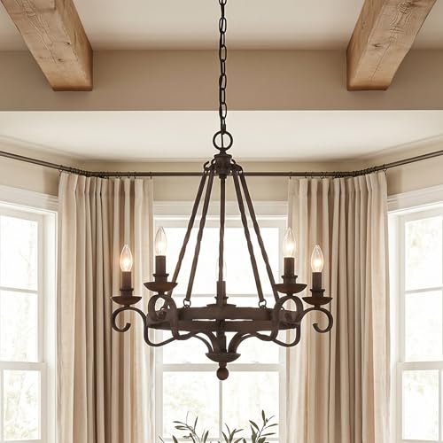 Image of Quoizel Noble 24 inch Candle-Style Chandelier, 5-Light, Rustic Black | Solid Wood Accents, European Style, Adjustable Height Up To 78 inch