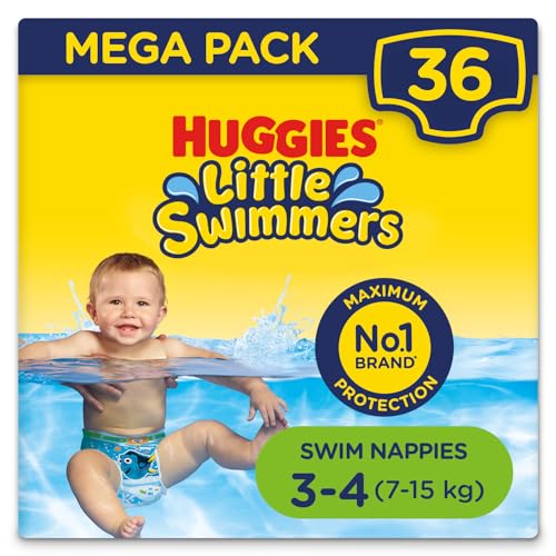 Huggies Little Swimmers, Swim Nappies - Size 3-4, 36 Baby Swim Pants - Leak Guards and Stretchy Waistband Protect Without Swelling - Tear Sides for Easy Removal