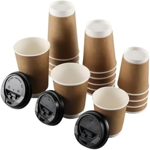 YMZJ二重断熱紙コップ 使い捨て コーヒー カップ 蓋つき お茶 耐熱 50個入/100個入 (300ml360ml/400ml/500ml) ペーパーセット 厚紙 業務用品 (8 ozクラフト紙コップ(80mm口径)+黒いカップのフタ,100個)