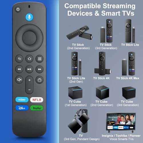 Image of Voice Remote Replacement for Fire TV Stick, Cube & Amazon Fire TVs | One-Touch Access to Your Favorites - Voice Remote with NFLX, Dis+, Hulu & Video Shortcut Keys for Fire TV Stick /Cube