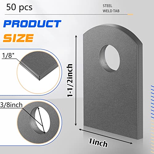 Image of Dunzy 50 Pcs Steel Weld Tabs 1 inch W, 1 1 /2 inch H, 3 /8 inch Hole, 1 /8 inch Universal Shock Mount Thick Flat Tab Brackets Gussets Weld on Light Tabs Mild Steel for Easy Welding