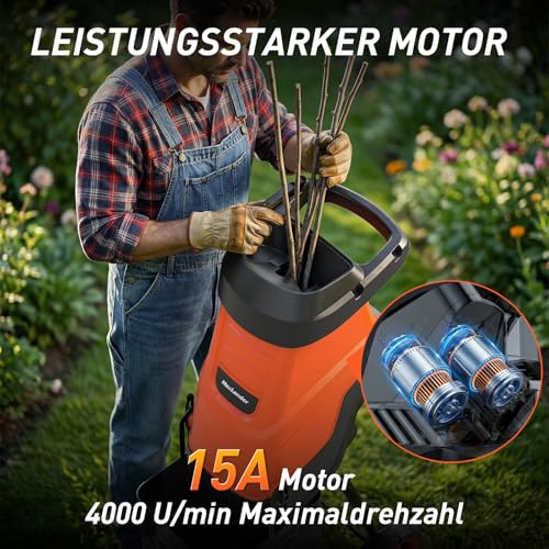 MAXLANDER 2600W Gartenhäcksler elektrisch,häcksler garten mit 45L Auffangbehälter, max. 45 mm Aststärke messerhäcksler, Kompostieren und Aufräumen des Gartens,15:1 Zerkleinerungsverhältnis