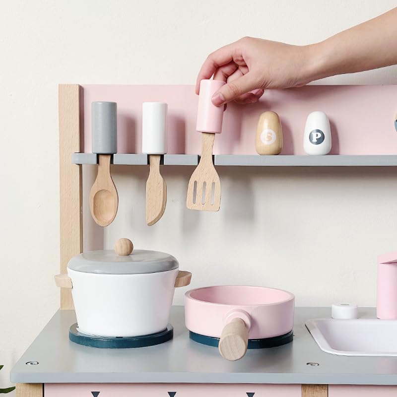 Wooden Kids Play Kitchen Set with Utensils, Stove, Oven, Sink, 22 x 12 x 36 in (Pink)