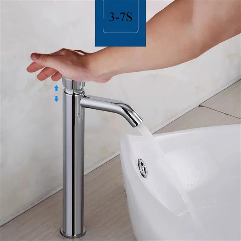Grifo de Cierre Automático Cromado Ahorro de Agua Grifo de Lavabo de Baño Grifo Frío de Retardo Botón Pulsador Grifo de Lavabo Corto A