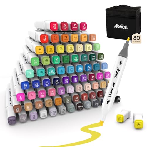 ABEIER Feutre à Alcool Set 80 Couleurs - Double Pointe, Séchage Rapide - Marqueurs Permanents pour Coloriage Adulte, Dessin, Graffiti, Bande Dessinée - avec Pochette de Transport