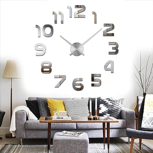 Yolistar Reloj de Pared Moderno DIY, Etiqueta de La Pared del Reloj Mudo 3D, tamaño Grande, Fácil de Montar, para el Hogar, Oficina, Decoración de Pared del Hotel, Número Plata Grande