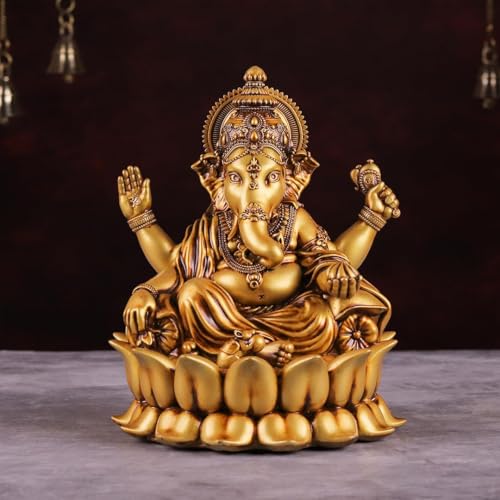 Image of Artarium Resin Small Lord Ganesha Idol (Height 4-Inch), Lotus Ganpati Murti Statue, Handcrafted for Car Dashboard Home Temple and Home Decor Gift Item - Gold Finish