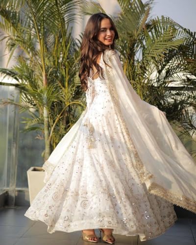 Women Faux Georgette Anarkali Gown Set with Dupatta Embroidery Sequins Work Ethnic Wear - Image 3