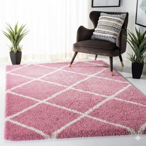 Image of Premium Antiskid Shaggy Carpet /Rug Plain Fur Rectangular Rugs,Soft Microfiber for Bedroom,Living Room,Kids Room,Hall etc (Pink Box, 6x9 feet)