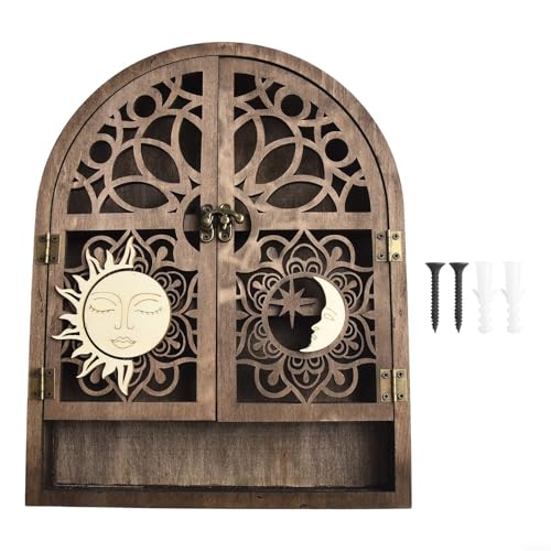 Decoración gótica de sol y luna para estante de cristal, estante de madera único de sol y luna para colgar en la pared, estante de decoración de bruja gótica