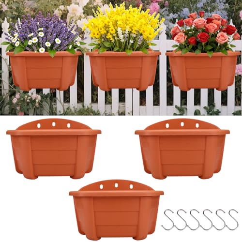 summer flower 3 Pack Hanging Planters for Railing, 9.84 Inch Plastic Window Box with Drain Hole Plug, Indoor Outdoor Flower Pots for Balcony Fence Garden Decor (Red)