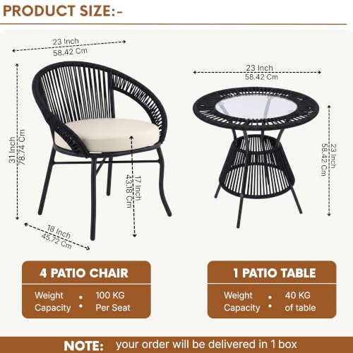 Image of DEVOKO Bliss 4 Seater Outdoor Patio Rope Conversation Set with Glass Top Table (Black /Off-White), Powder-Coated Metal Frame & Water-Resistant Cushions for Balcony, Garden, Terrace