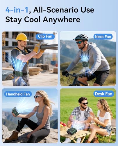 Image of KIMMOO Dual-Motor Rechargeable Waist Fan with Ice Cooling, 25000 RPM High-Speed Neck Belt Clip-on Fan with 10 Gears, LED Display & Flashlight, Hands-Free Personal Fan for Work Outdoor Travel, Green