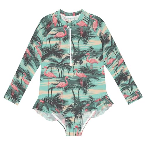 Pink Flamingos Tropical Palm Trees Girls Long Sleeve Swimsuit Rashguard Swimwear One Piece Bathing Suit 21217595