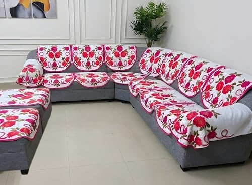 Image of Fab Nation Sofa Cover L Shape 5 Seater with Corner L Type Fully Covered Sofa Set for Living Room | Cotton Sofa Slipcovers for 3 + 2 Seaters Cover with 2 Arms + 2 Setty Covers | Pink