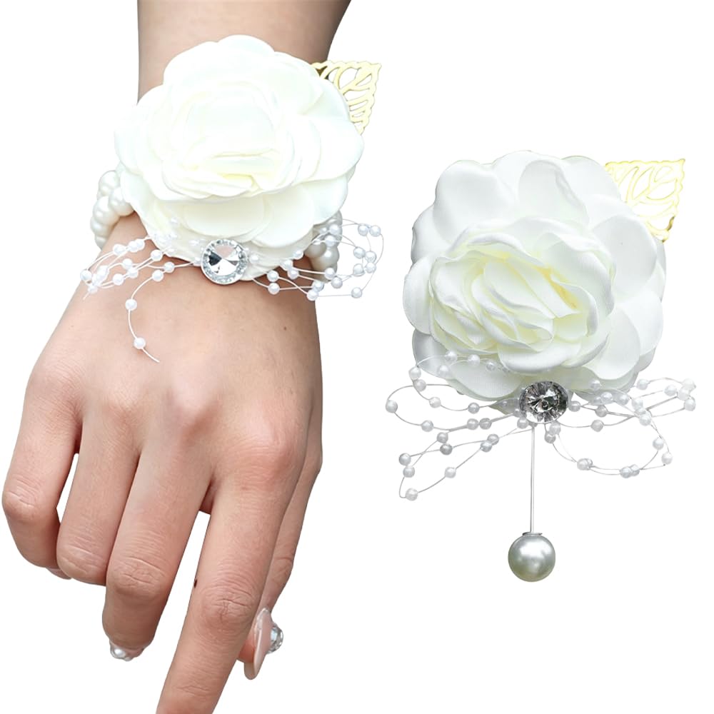 LBEWXAU 2 Pcs Corsage Rose Wrist Flower with Rhinestone and Pearl Hand Flower Silk Rose Set for Wedding and Prom Decor Party Homecoming Suit for Men Women Bridal Bridesmaid Bridegroom(White)