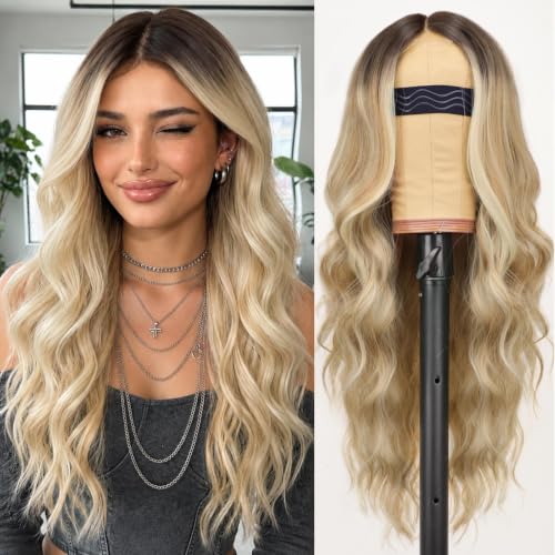 Image of AISI HAIR Honey Blonde Wig for Women, Long Wavy Lace Hairline Middle Part Synthetic Heat Resistant Wig for Daily Party-26 Inch