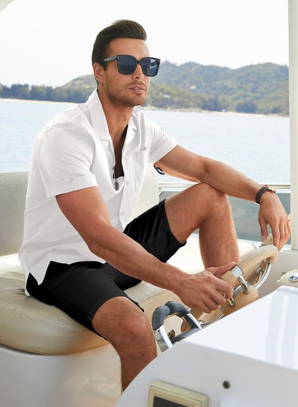 Vista 3 de JMIERR Camisas hawaianas para hombre, estilo casual, elegante, de algodón y lino, con botones, camisas de playa de manga corta con bolsillo