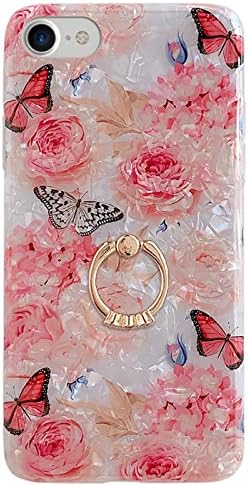 Qokey Compatible with iPhone SE Case 2022/2020,iPhone 8 Case,iPhone 7 Case 4.7 inch Flower Cute Fashion Cover for Women Girl 360 Degree Rotating Ring Kickstand Soft TPU Shockproof Cover Rose Butterfly