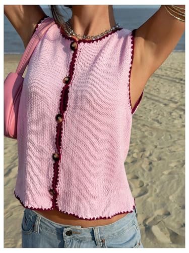 GORGLITTER Women's Button Up Cropped Sweater Vest Vintage Sleeveless Colorful Knit Cardigan Tops3