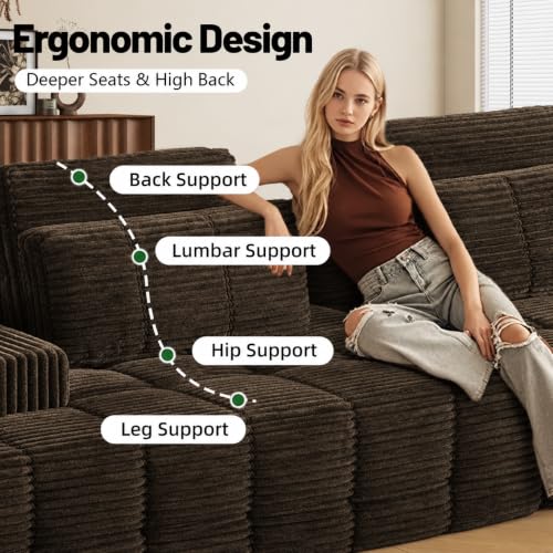 Image of 110 inch Modular Cloud Sofa, Oversized Corduroy Couch with Adjustable Headrests, Deep Seat Frameless Sofa, 2 Ottomans Not Included, for Living Room, Apartment