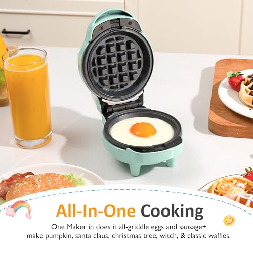 Image of 6 in 1 Mini Waffle Maker - Removable Plates for Waffles, Eggs & More - Includes 6 Plates (Classic Grid, Santa, Witch, Tree, Pumpkin) - Non-Stick, Easy to Clean, Light Blue