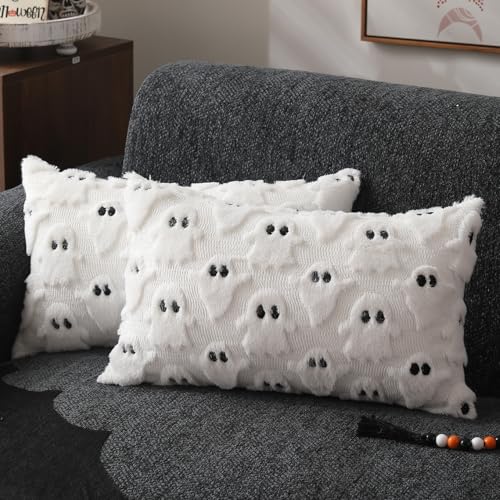 DFXSZ Halloween Pillow Covers 12x20 inch Set of 2 White Ghost Throw Pillow Cases Soft Plush Faux Fur Wool Couch Cushion Case for Chair Sofa Bedroom Living Room Home Decor PTK03A12