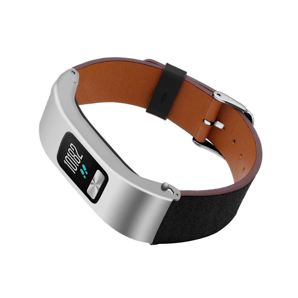 DuiGong Compatible for Garmin vivofit 4 Replacement Leather Band with Silver Stainless Steel Protector Case