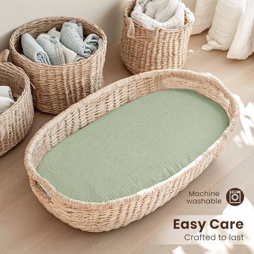 Image of Konssy 2 Pack Muslin Bassinet Sheets for Boys, Girls, 100% Cotton Soft Breathable Fitted Bassinet Mattress Sheet, 32 x 16 inches (Woodland,Sage)